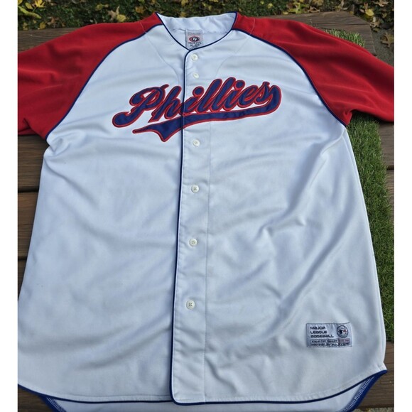 True Fan Philadelphia Phillies Baseball Jersey Men’s Sz XL EUC White Red Blue - Picture 5 of 13